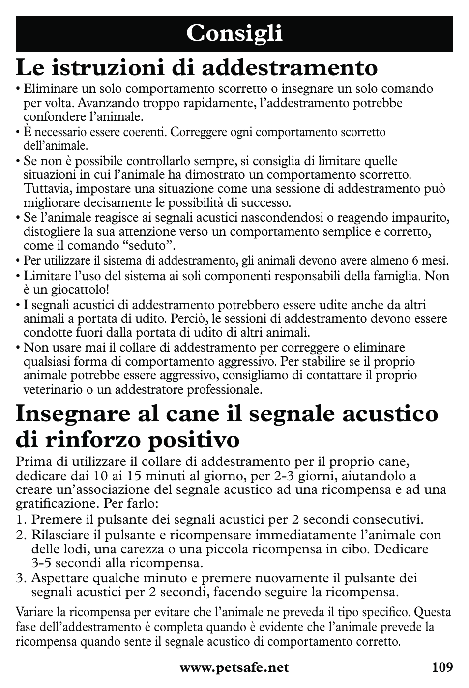 Consigli le istruzioni di addestramento | Petsafe 350 m Little Dog Deluxe Remote Trainer User Manual | Page 109 / 164