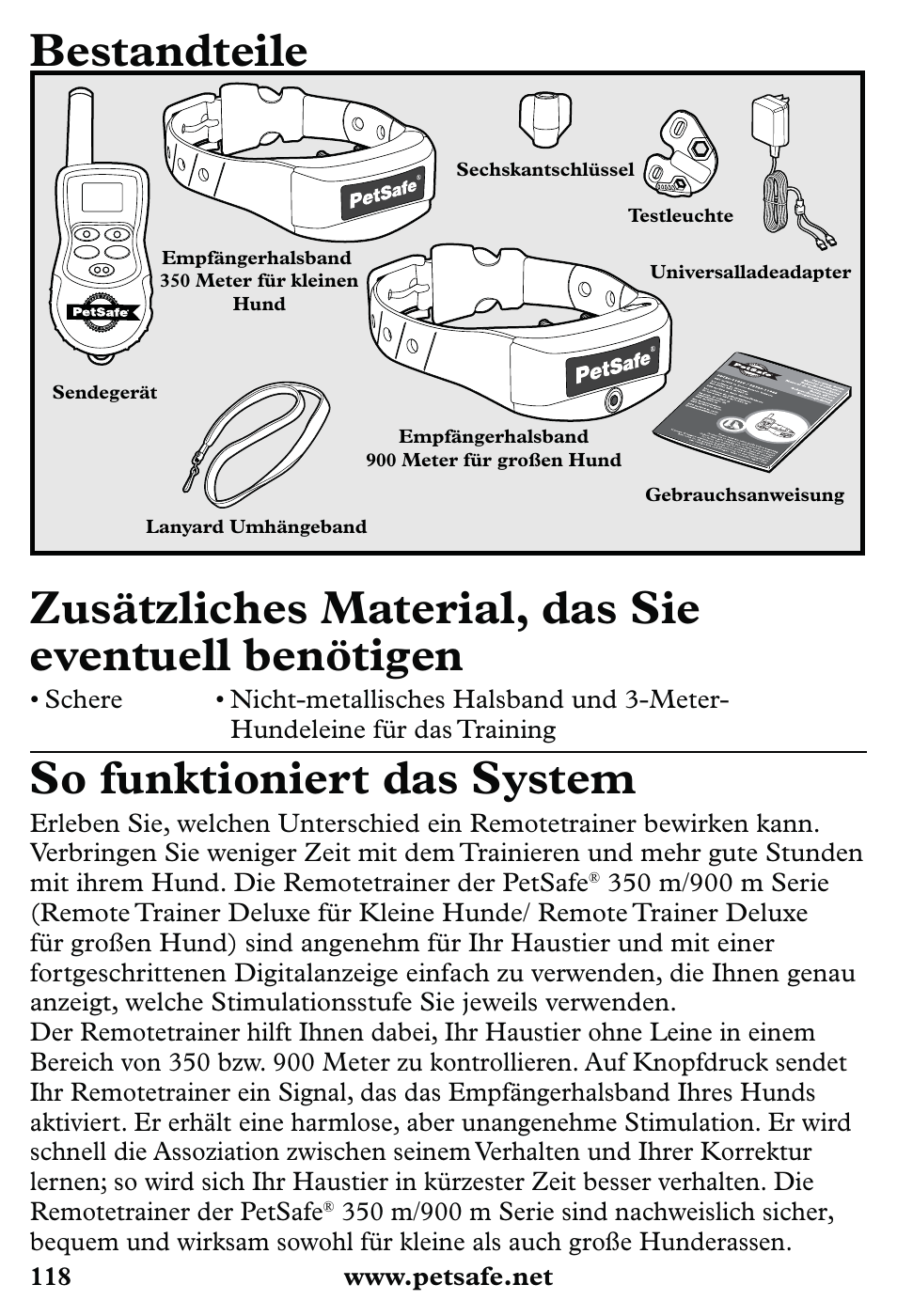 Bestandteile, Zusätzliches material, das sie eventuell benötigen, So funktioniert das system | Petsafe 350 m Little Dog Deluxe Remote Trainer User Manual | Page 118 / 164