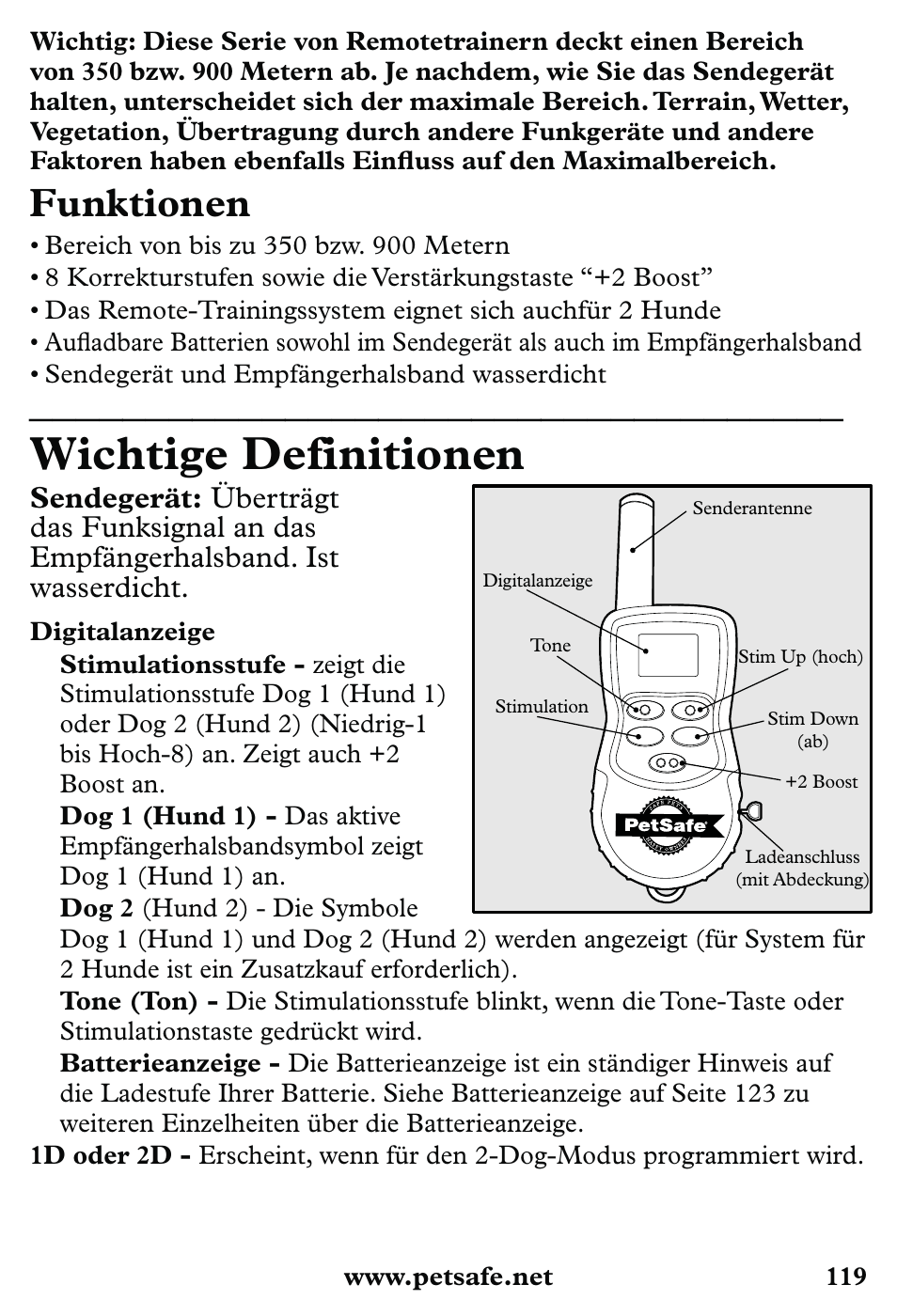 Wichtige definitionen, Funktionen | Petsafe 350 m Little Dog Deluxe Remote Trainer User Manual | Page 119 / 164