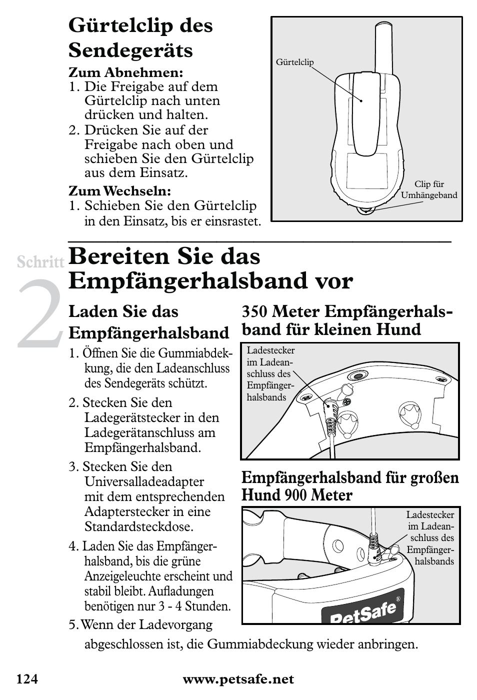 Bereiten sie das empfängerhalsband vor, Gürtelclip des sendegeräts | Petsafe 350 m Little Dog Deluxe Remote Trainer User Manual | Page 124 / 164