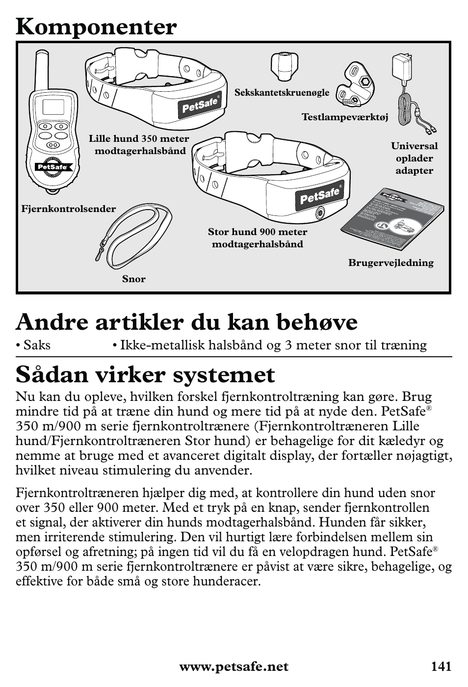 Komponenter, Andre artikler du kan behøve, Sådan virker systemet | Petsafe 350 m Little Dog Deluxe Remote Trainer User Manual | Page 141 / 164