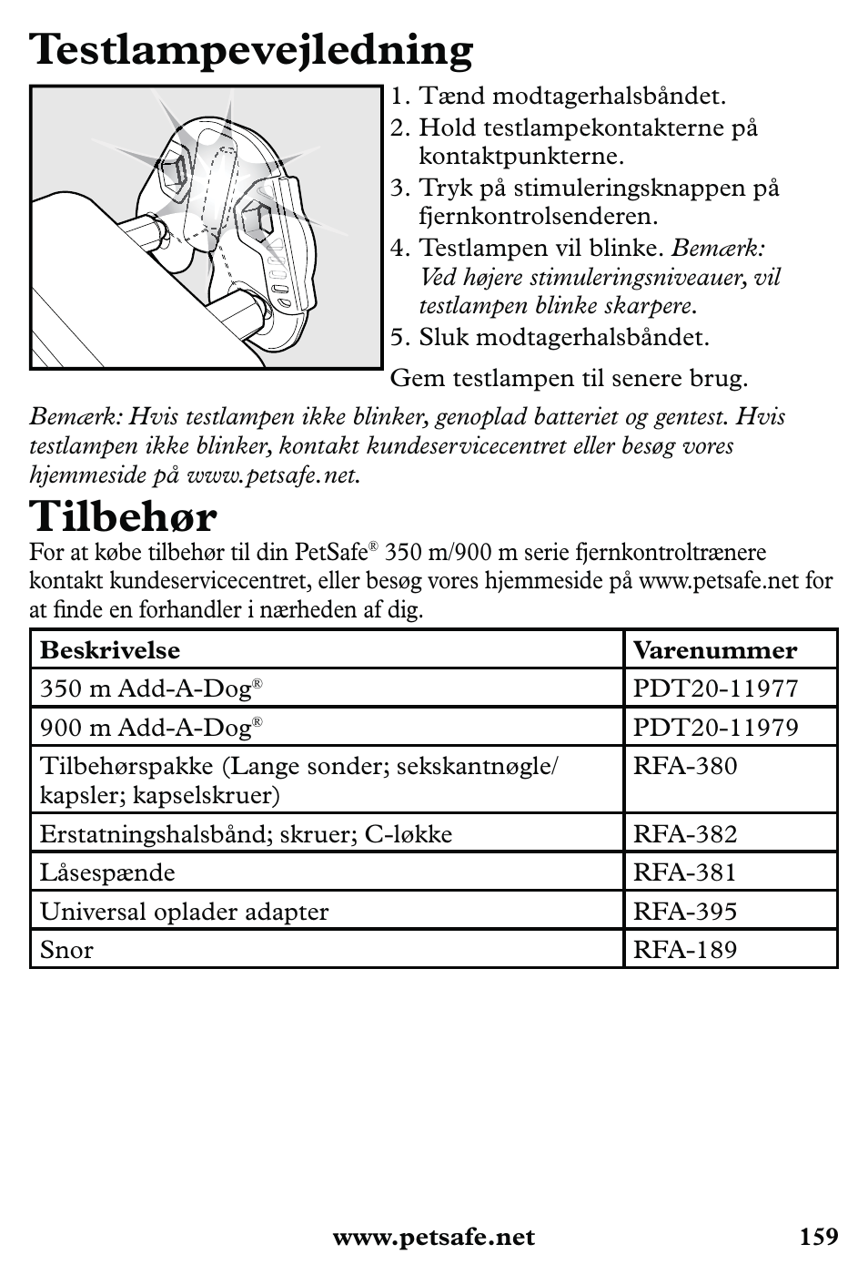 Testlampevejledning, Tilbehør | Petsafe 350 m Little Dog Deluxe Remote Trainer User Manual | Page 159 / 164