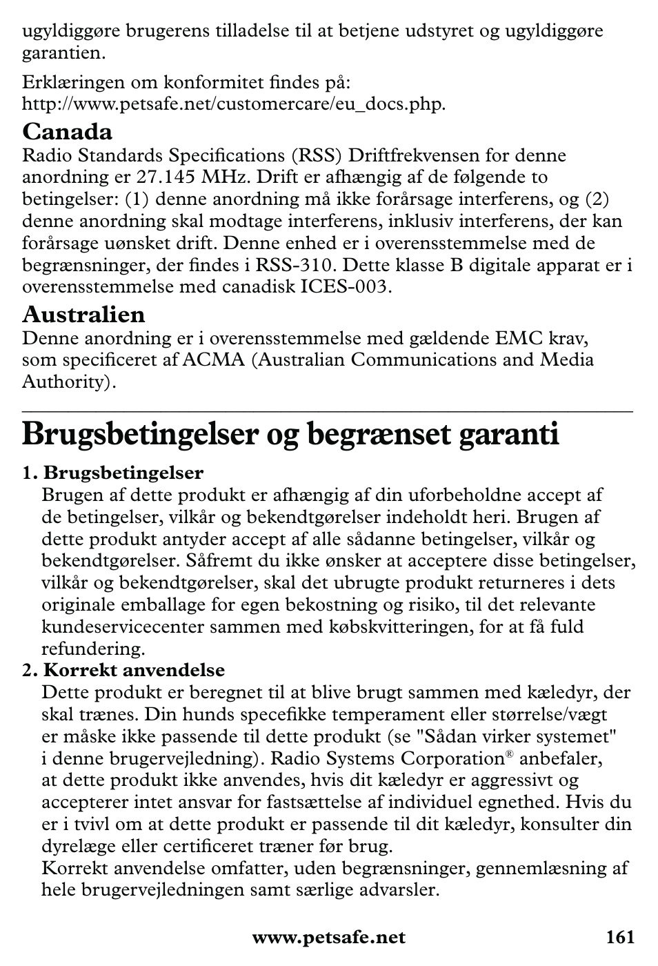 Brugsbetingelser og begrænset garanti, Canada, Australien | Petsafe 350 m Little Dog Deluxe Remote Trainer User Manual | Page 161 / 164