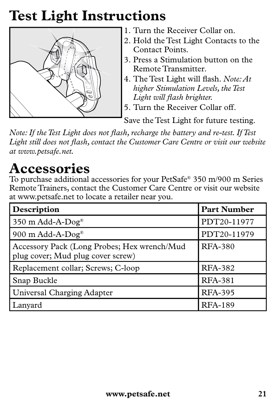 Test light instructions, Accessories | Petsafe 350 m Little Dog Deluxe Remote Trainer User Manual | Page 21 / 164