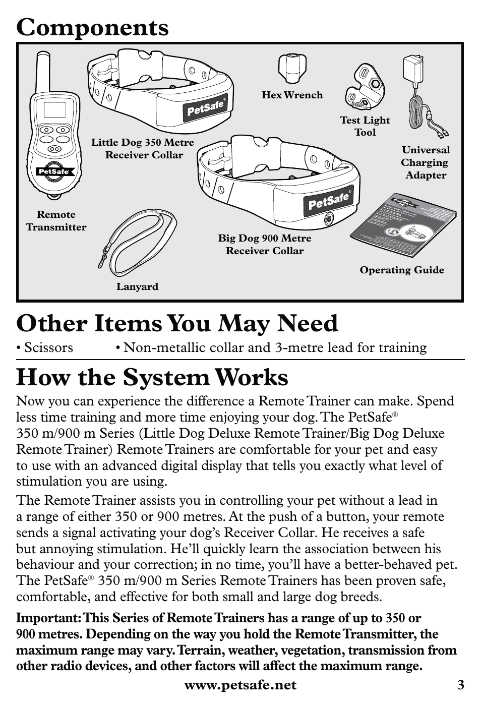 Components, Other items you may need, How the system works | Petsafe 350 m Little Dog Deluxe Remote Trainer User Manual | Page 3 / 164