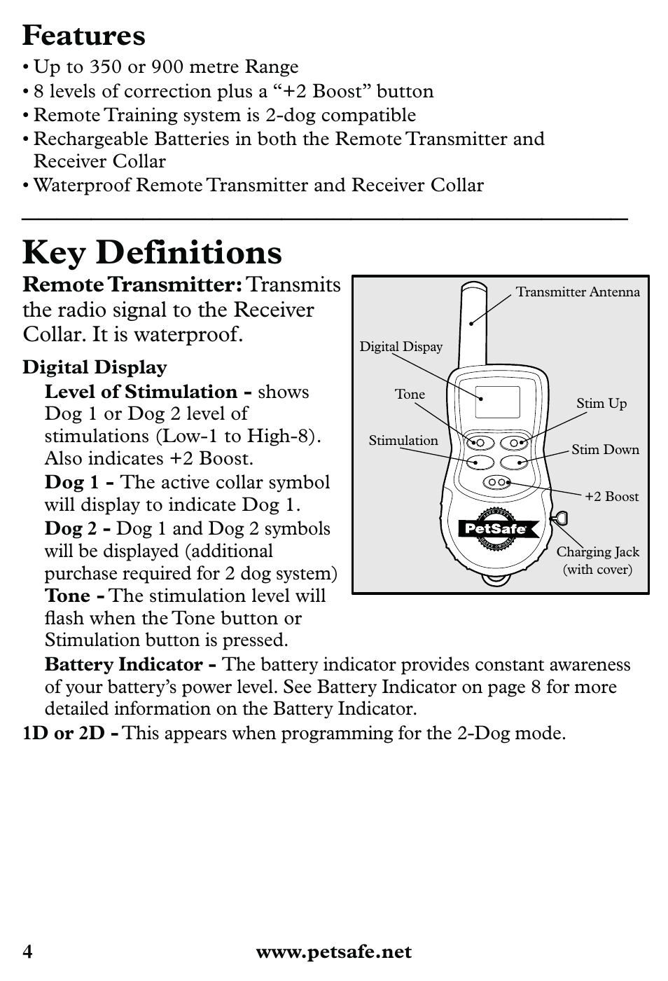 Key definitions, Features | Petsafe 350 m Little Dog Deluxe Remote Trainer User Manual | Page 4 / 164