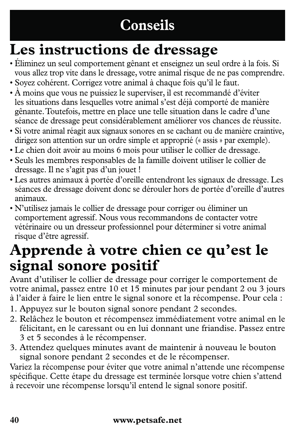 Conseils les instructions de dressage | Petsafe 350 m Little Dog Deluxe Remote Trainer User Manual | Page 40 / 164