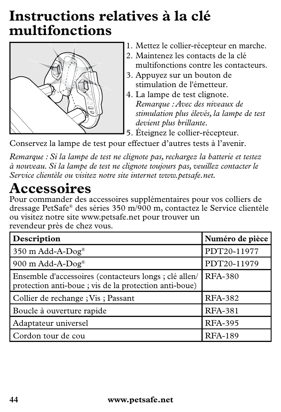 Instructions relatives à la clé multifonctions, Accessoires | Petsafe 350 m Little Dog Deluxe Remote Trainer User Manual | Page 44 / 164