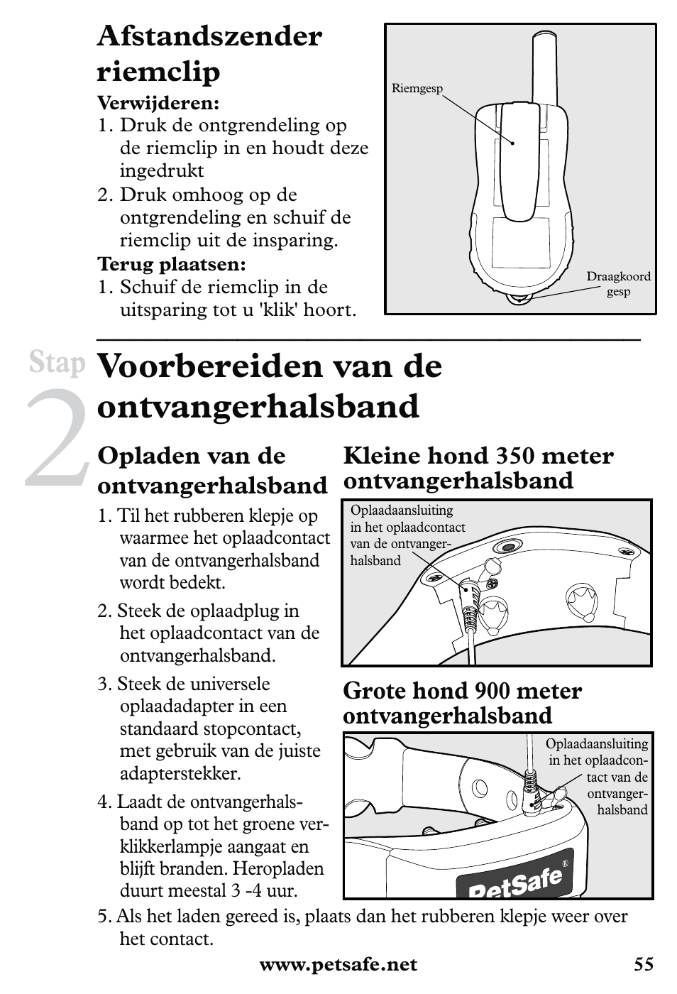 Voorbereiden van de ontvangerhalsband, Stap, Afstandszender riemclip | Petsafe 350 m Little Dog Deluxe Remote Trainer User Manual | Page 55 / 164