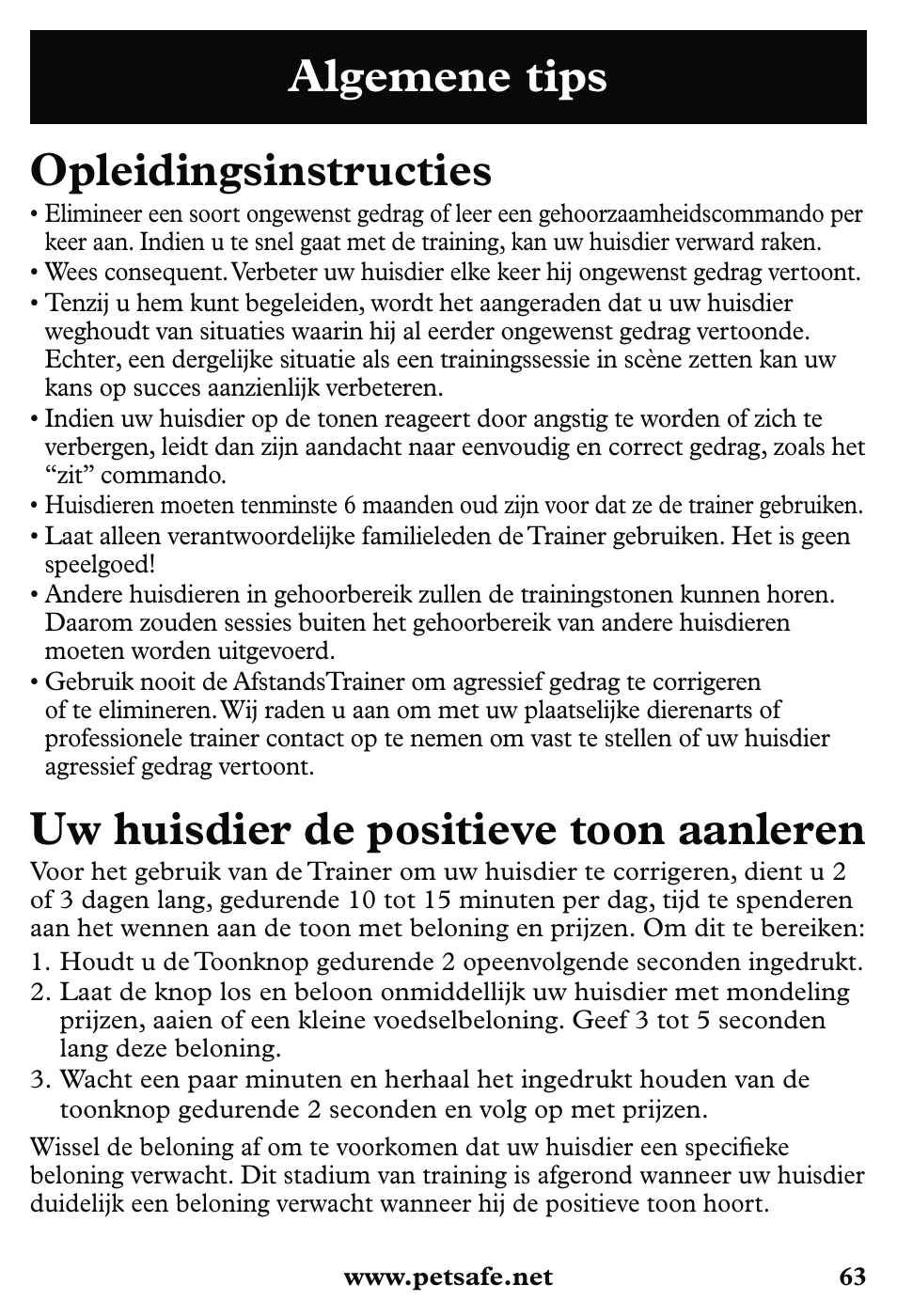 Algemene tips opleidingsinstructies, Uw huisdier de positieve toon aanleren | Petsafe 350 m Little Dog Deluxe Remote Trainer User Manual | Page 63 / 164