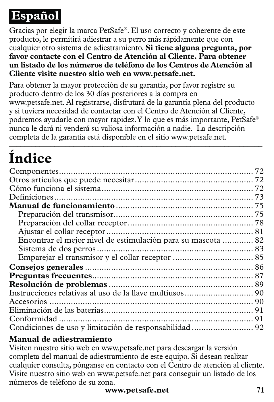 Índice | Petsafe 350 m Little Dog Deluxe Remote Trainer User Manual | Page 71 / 164