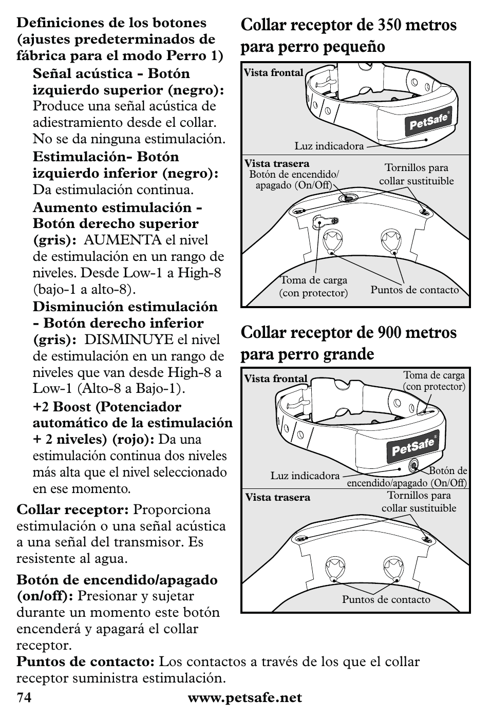 Collar receptor de 900 metros para perro grande, Collar receptor de 350 metros para perro pequeño | Petsafe 350 m Little Dog Deluxe Remote Trainer User Manual | Page 74 / 164