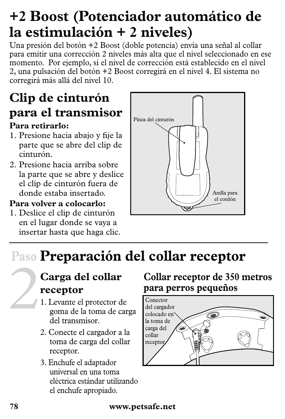 Preparación del collar receptor, Paso, Clip de cinturón para el transmisor | Petsafe 350 m Little Dog Deluxe Remote Trainer User Manual | Page 78 / 164