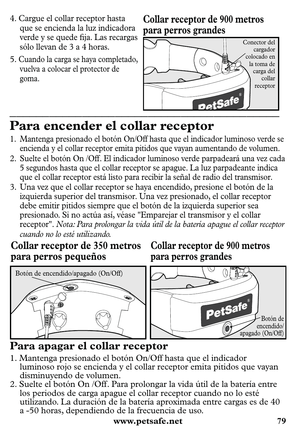 Para encender el collar receptor, Collar receptor de 900 metros para perros grandes, Para apagar el collar receptor | Petsafe 350 m Little Dog Deluxe Remote Trainer User Manual | Page 79 / 164