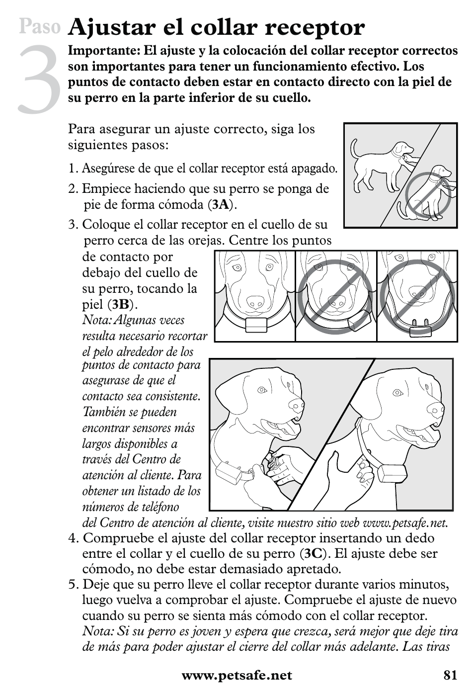 Ajustar el collar receptor, Paso | Petsafe 350 m Little Dog Deluxe Remote Trainer User Manual | Page 81 / 164