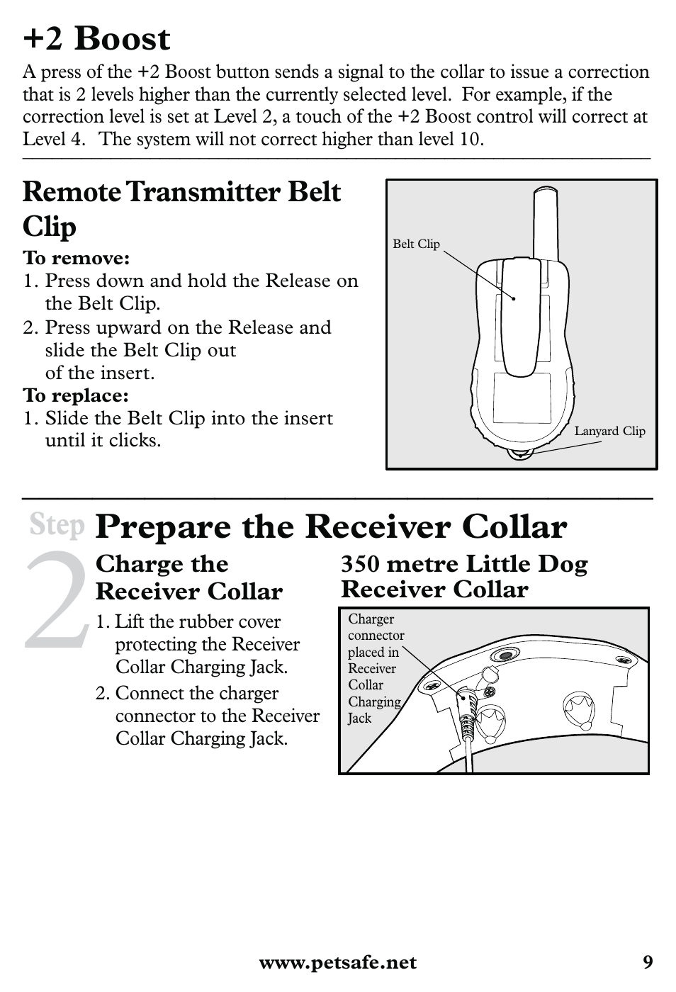 2 boost, Prepare the receiver collar, Step | Remote transmitter belt clip | Petsafe 350 m Little Dog Deluxe Remote Trainer User Manual | Page 9 / 164