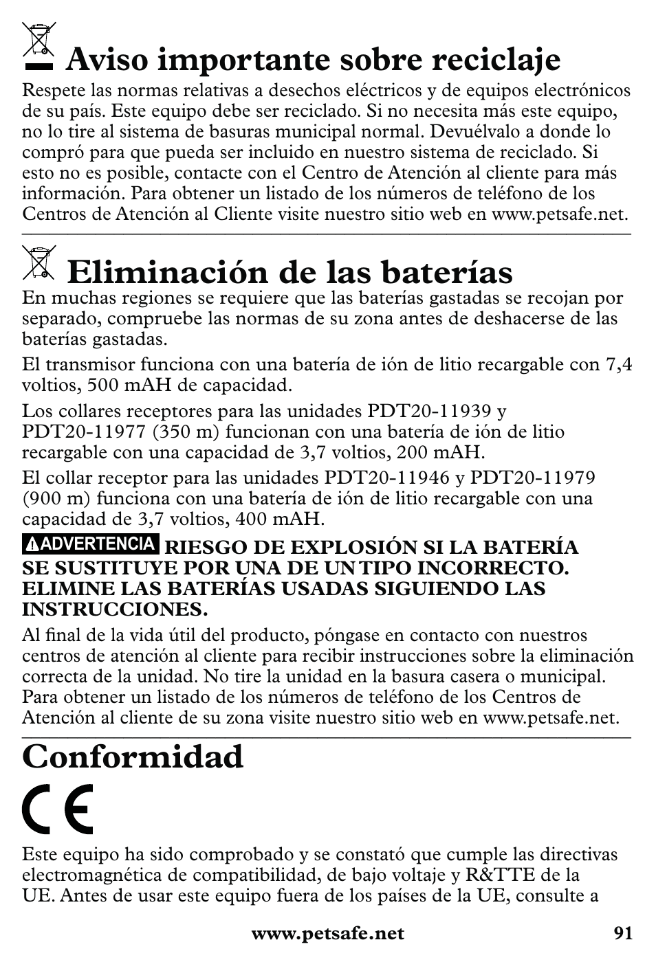 Aviso importante sobre reciclaje, Eliminación de las baterías, Conformidad | Petsafe 350 m Little Dog Deluxe Remote Trainer User Manual | Page 91 / 164