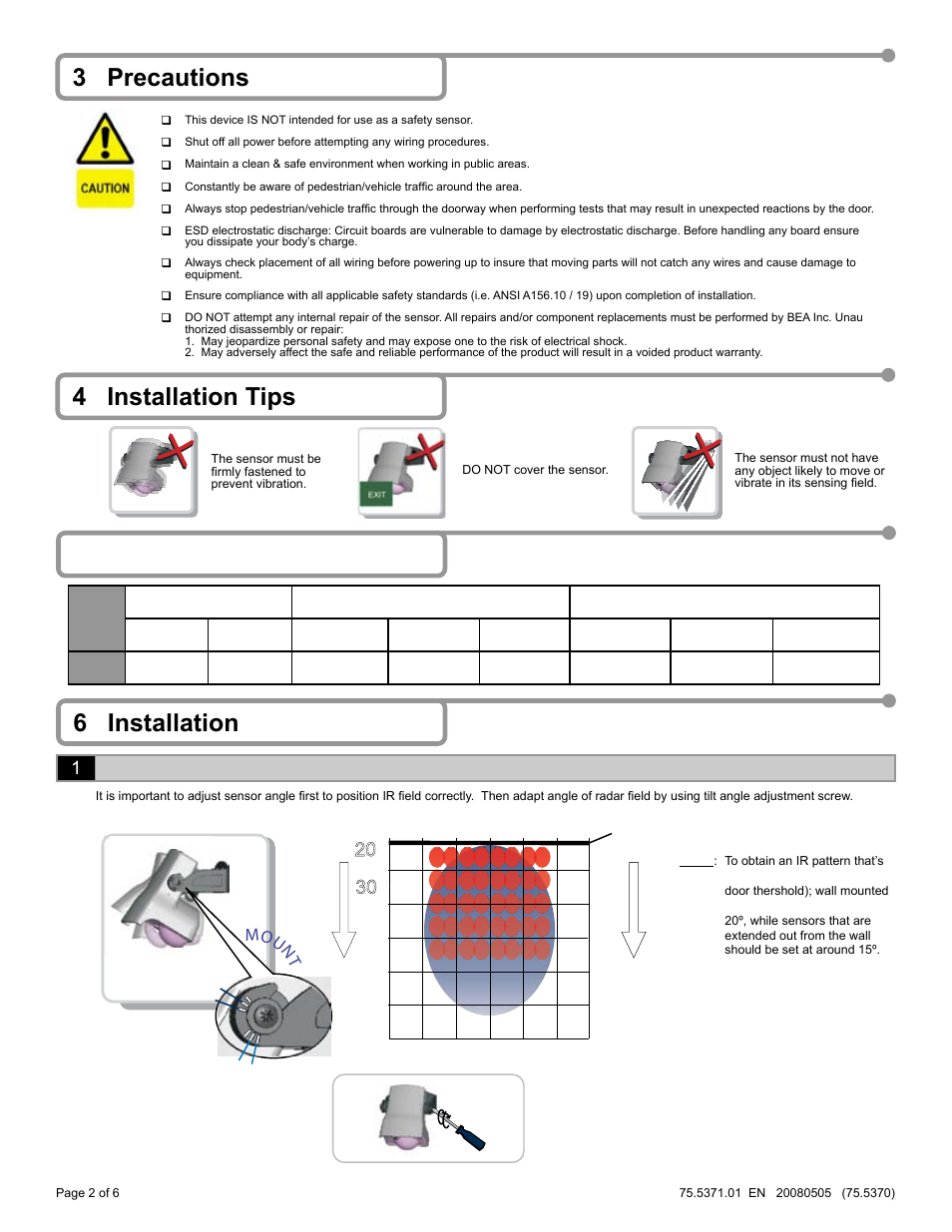3 precautions, 4 installation tips, 5 wiring 6 installation | 1sensor tilt angle, Moun t, Cei li ng | BEA IS40P User Manual | Page 2 / 18