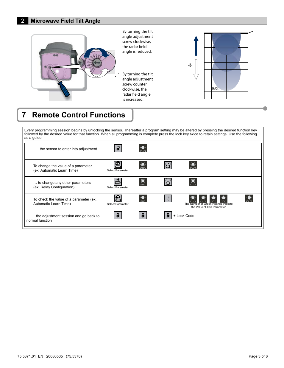 7 remote control functions, 2microwave field tilt angle | BEA IS40P User Manual | Page 3 / 18