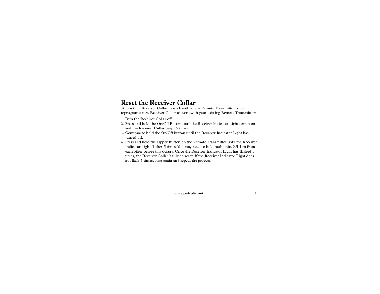 Reset the receiver collar | Petsafe 400 m Remote Trainer Add-A-Dog User Manual | Page 11 / 92