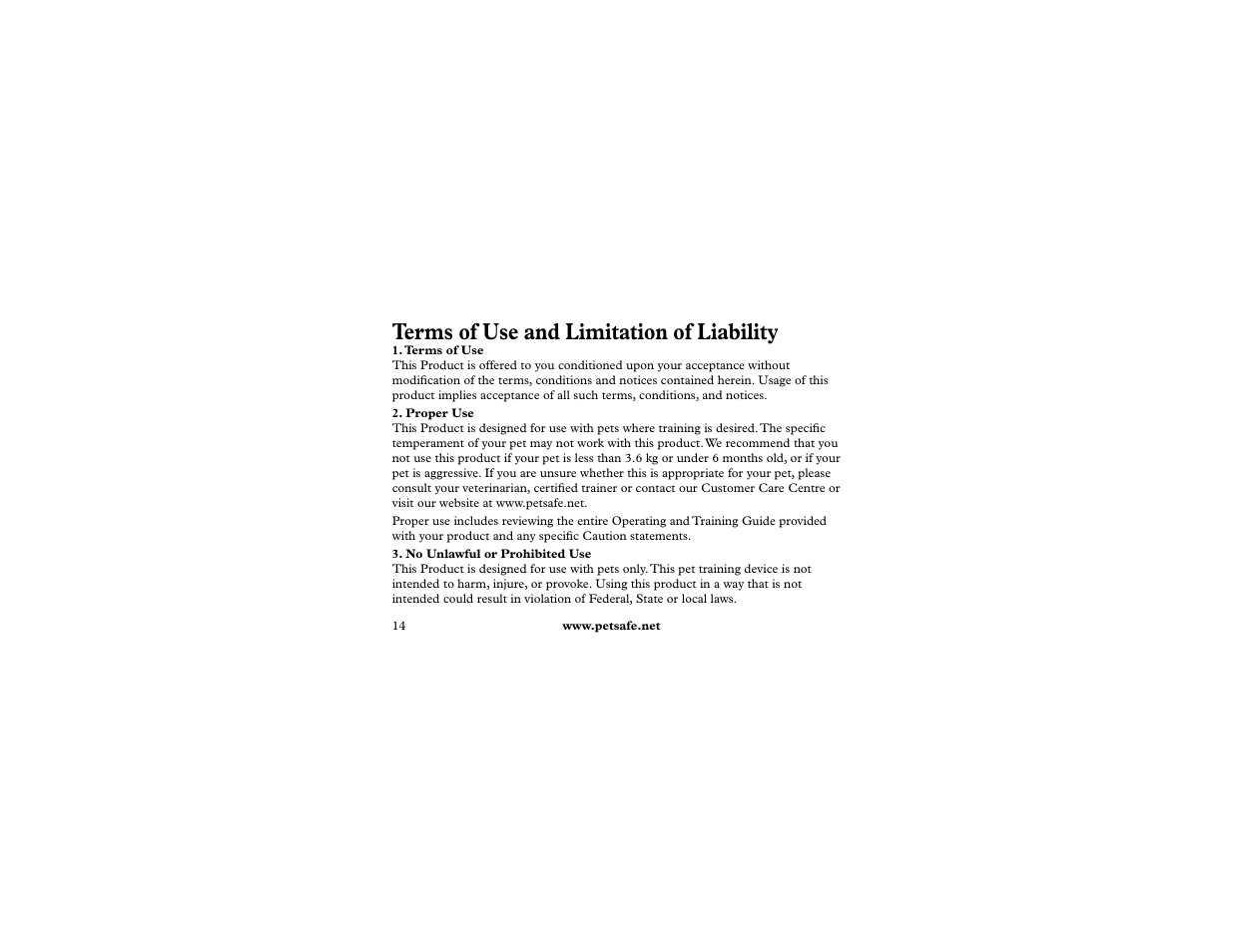 Terms of use and limitation of liability | Petsafe 400 m Remote Trainer Add-A-Dog User Manual | Page 14 / 92