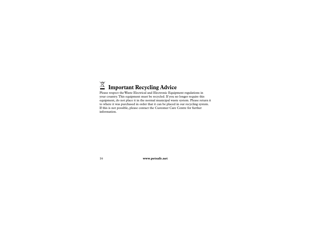 Important recycling advice | Petsafe 400 m Remote Trainer Add-A-Dog User Manual | Page 16 / 92