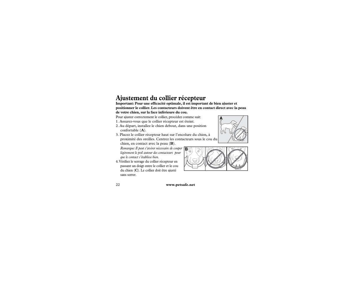 Ajustement du collier récepteur | Petsafe 400 m Remote Trainer Add-A-Dog User Manual | Page 22 / 92