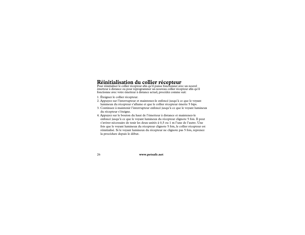Réinitialisation du collier récepteur | Petsafe 400 m Remote Trainer Add-A-Dog User Manual | Page 26 / 92
