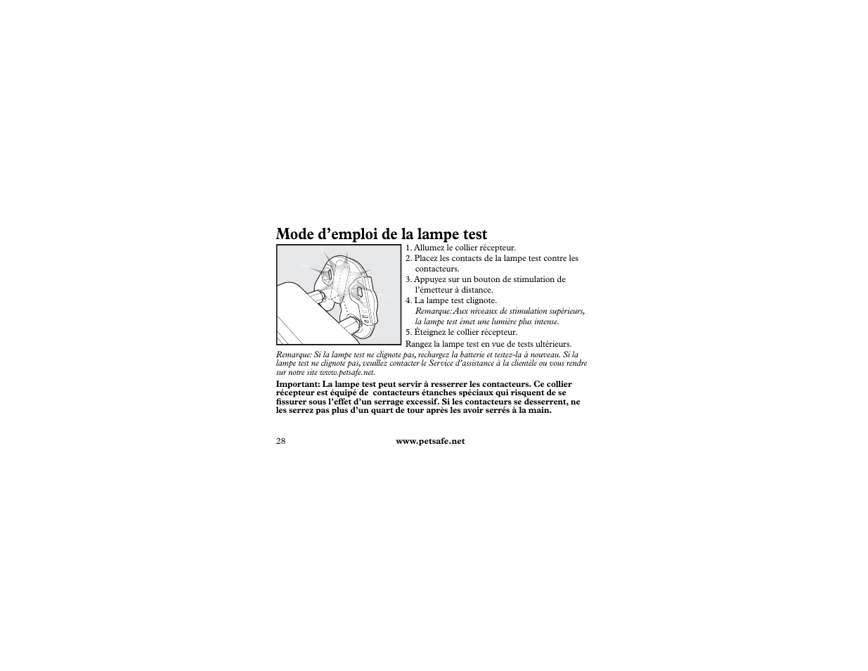 Mode d’emploi de la lampe test | Petsafe 400 m Remote Trainer Add-A-Dog User Manual | Page 28 / 92