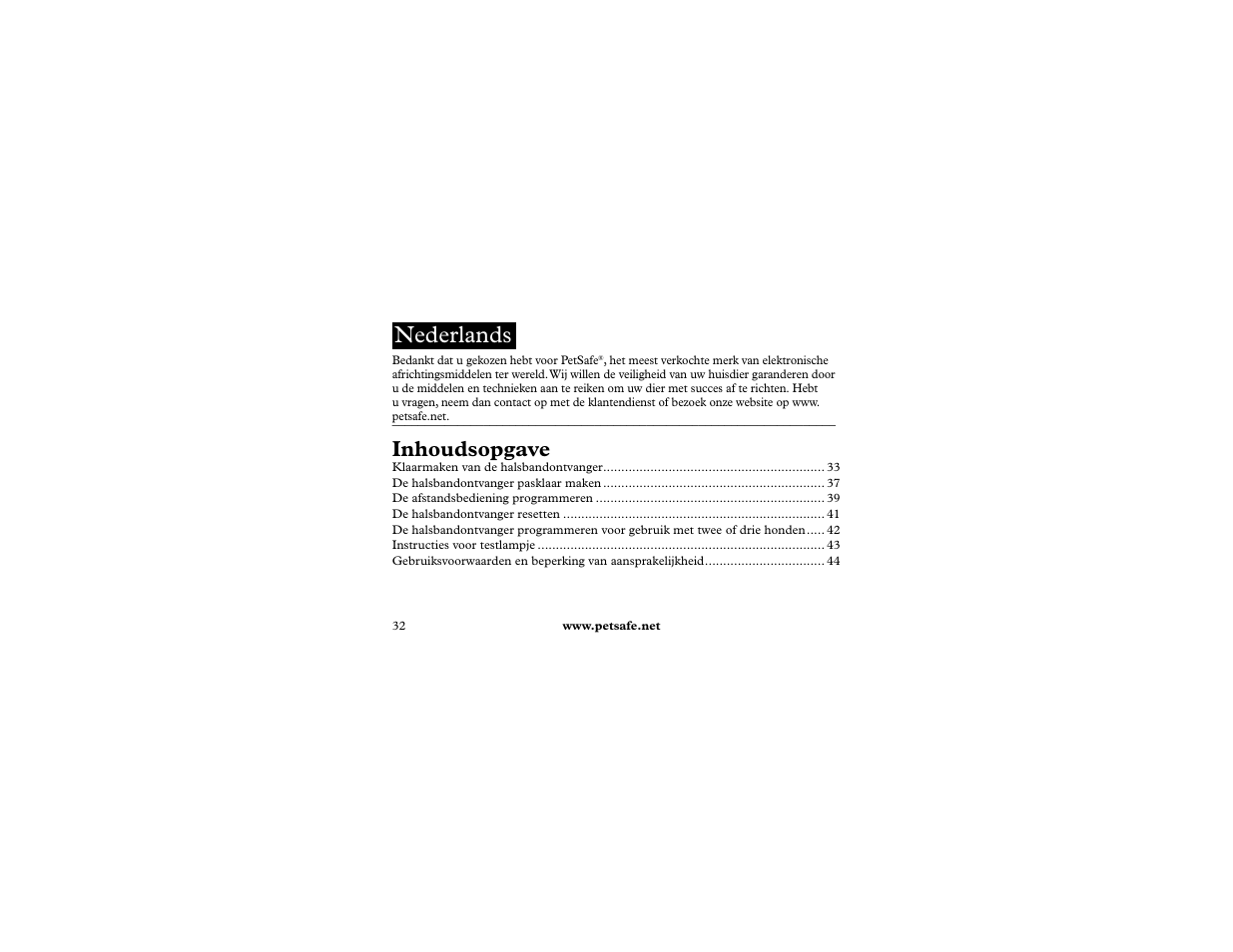 Nederlands, Inhoudsopgave | Petsafe 400 m Remote Trainer Add-A-Dog User Manual | Page 32 / 92