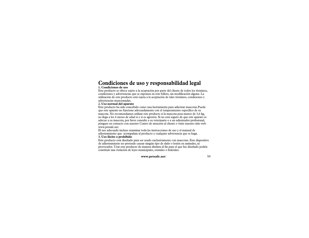 Condiciones de uso y responsabilidad legal | Petsafe 400 m Remote Trainer Add-A-Dog User Manual | Page 59 / 92