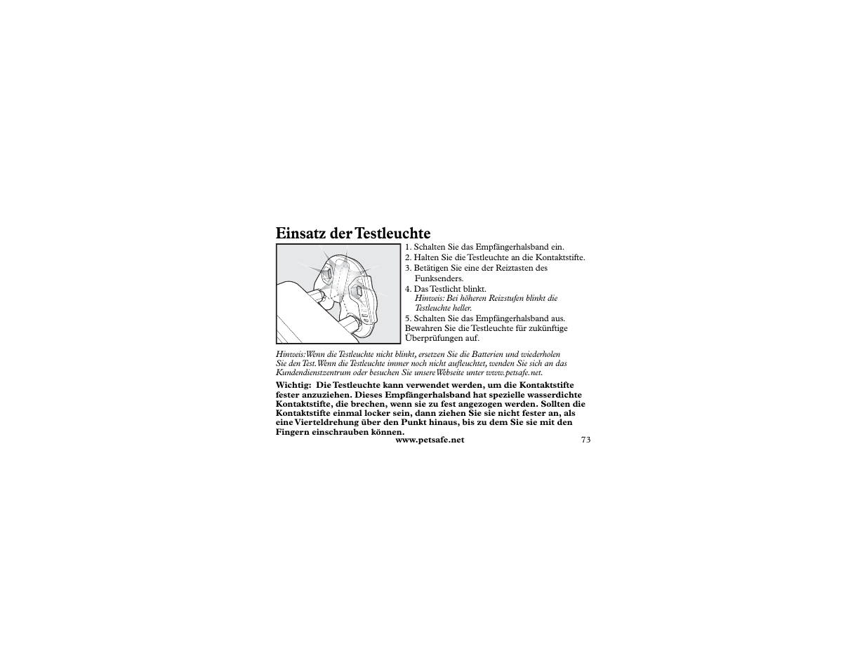Einsatz der testleuchte | Petsafe 400 m Remote Trainer Add-A-Dog User Manual | Page 73 / 92