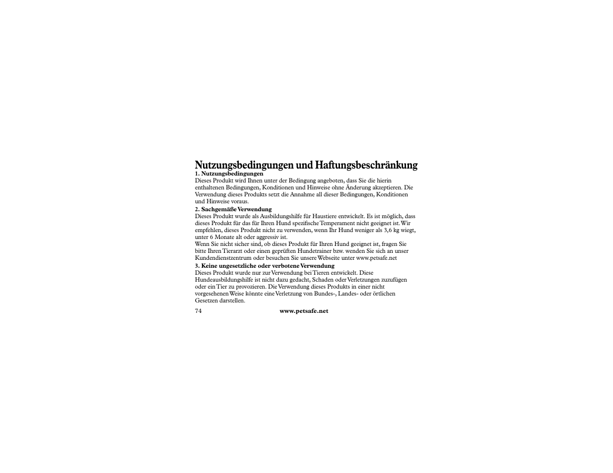 Nutzungsbedingungen und haftungsbeschränkung | Petsafe 400 m Remote Trainer Add-A-Dog User Manual | Page 74 / 92