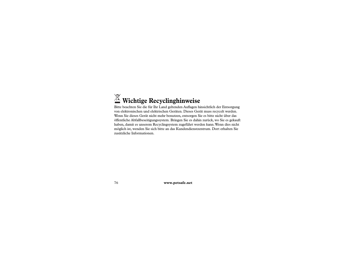 Wichtige recyclinghinweise | Petsafe 400 m Remote Trainer Add-A-Dog User Manual | Page 76 / 92