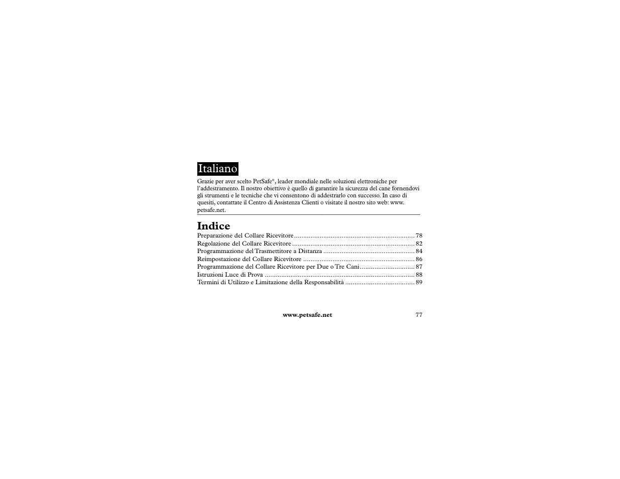 Italiano, Indice | Petsafe 400 m Remote Trainer Add-A-Dog User Manual | Page 77 / 92