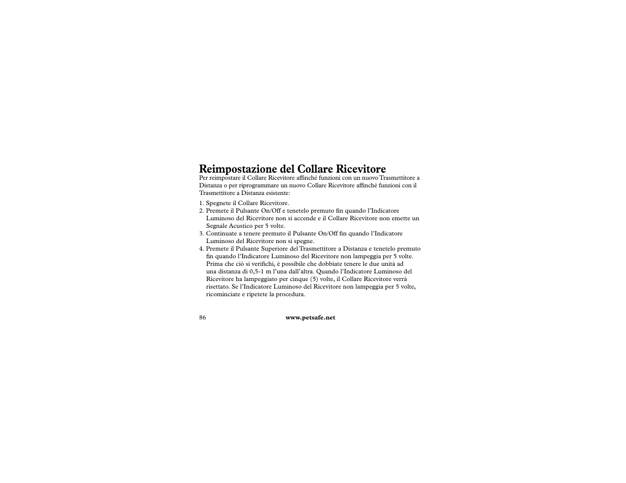 Reimpostazione del collare ricevitore | Petsafe 400 m Remote Trainer Add-A-Dog User Manual | Page 86 / 92