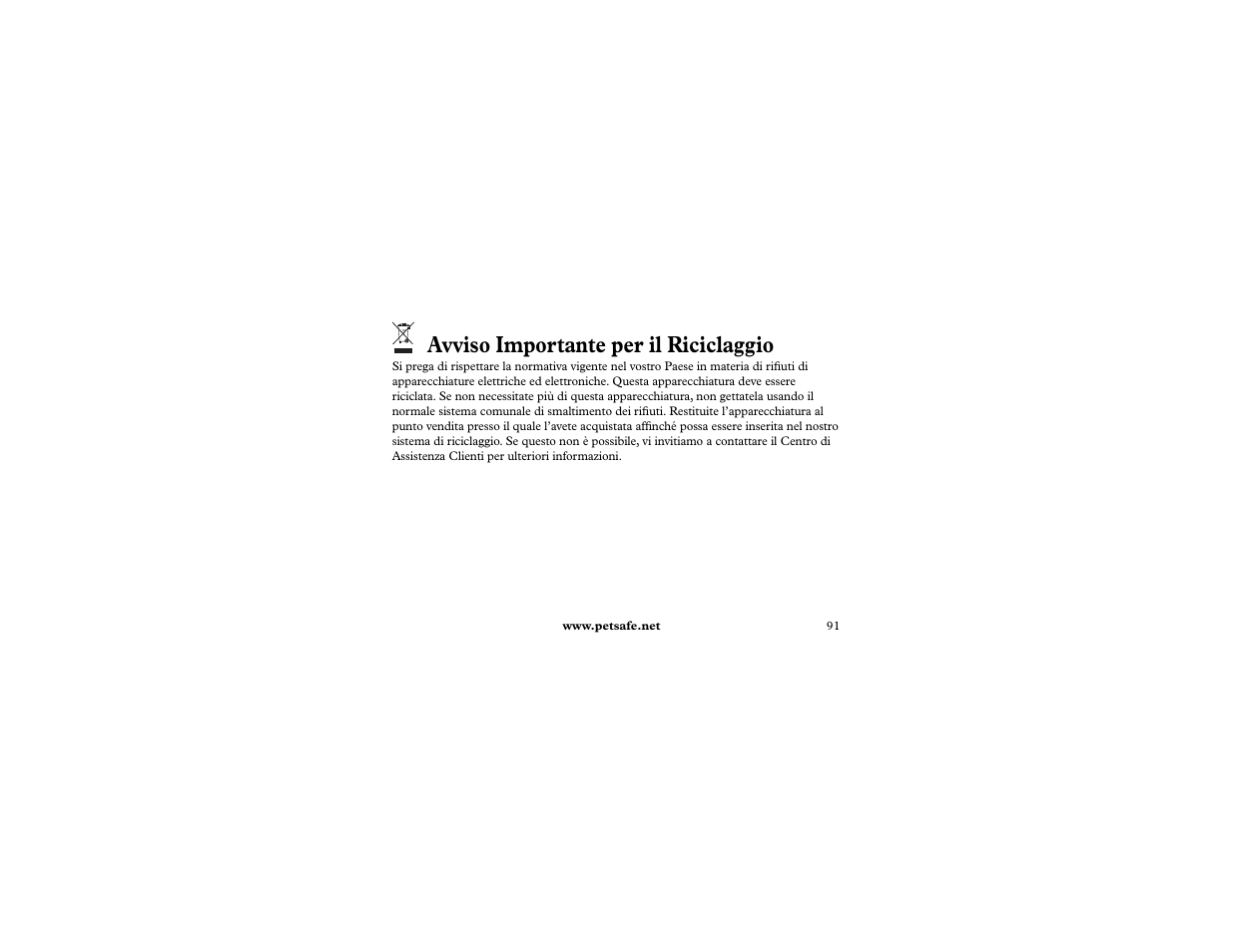 Avviso importante per il riciclaggio | Petsafe 400 m Remote Trainer Add-A-Dog User Manual | Page 91 / 92