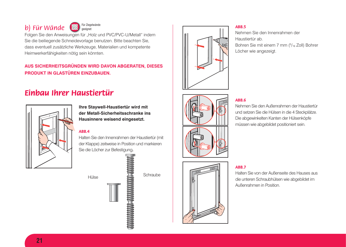 Einbau ihrer haustiertür, B) für wände | Petsafe Aluminium Pet Door User Manual | Page 22 / 40