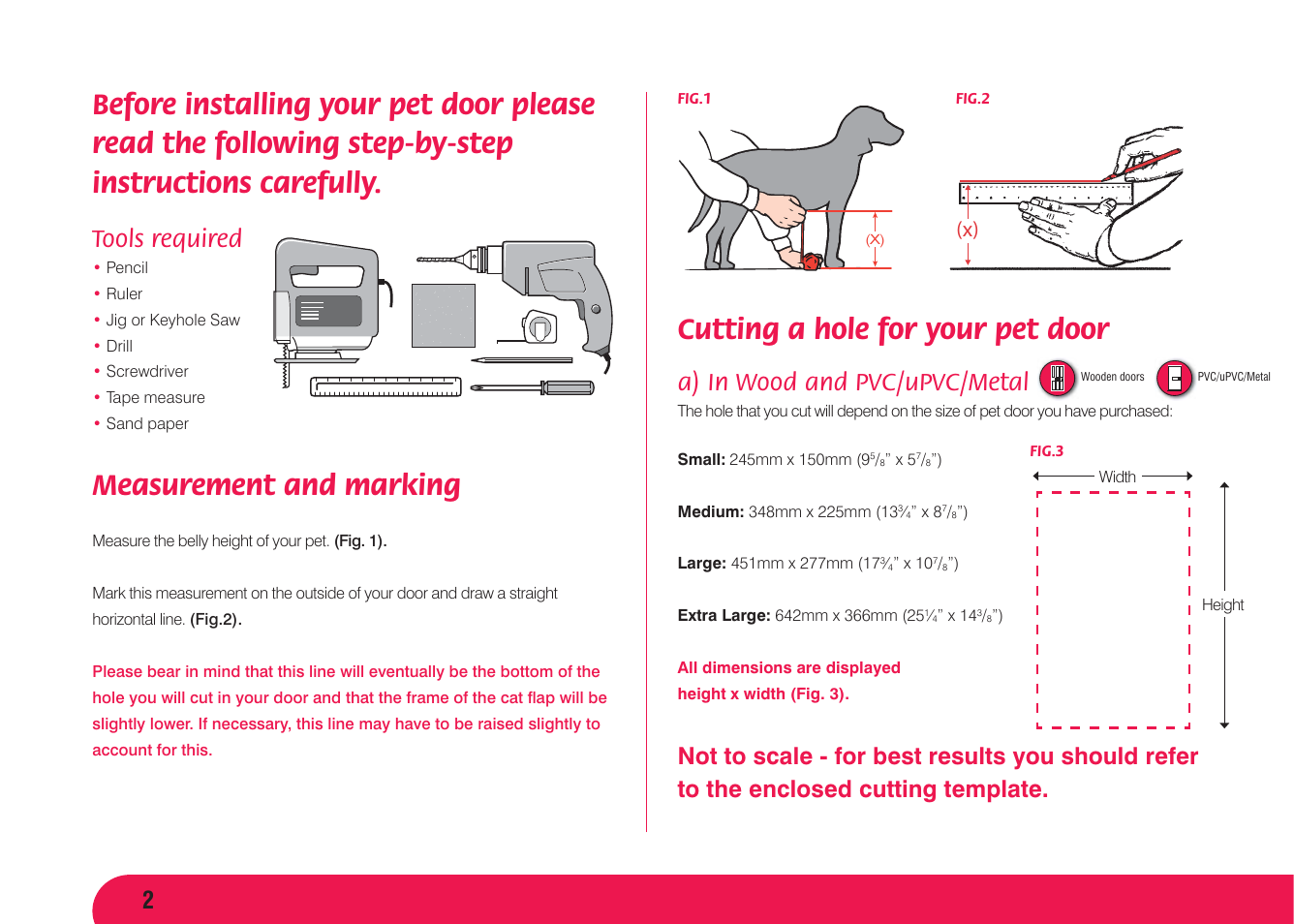 Measurement and marking, Cutting a hole for your pet door, Tools required | A) in wood and pvc/upvc/metal | Petsafe Aluminium Pet Door User Manual | Page 3 / 40