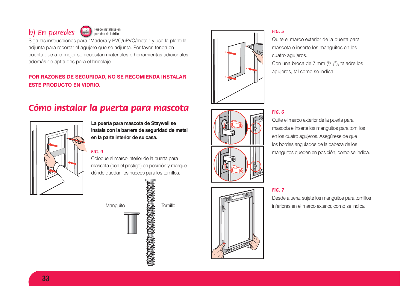 Cómo instalar la puerta para mascota, B) en paredes | Petsafe Aluminium Pet Door User Manual | Page 34 / 40