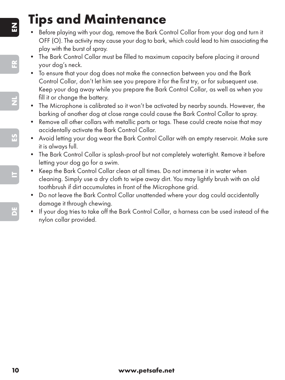 Tips and maintenance | Petsafe Anti-Bark Spray Collar User Manual | Page 10 / 84