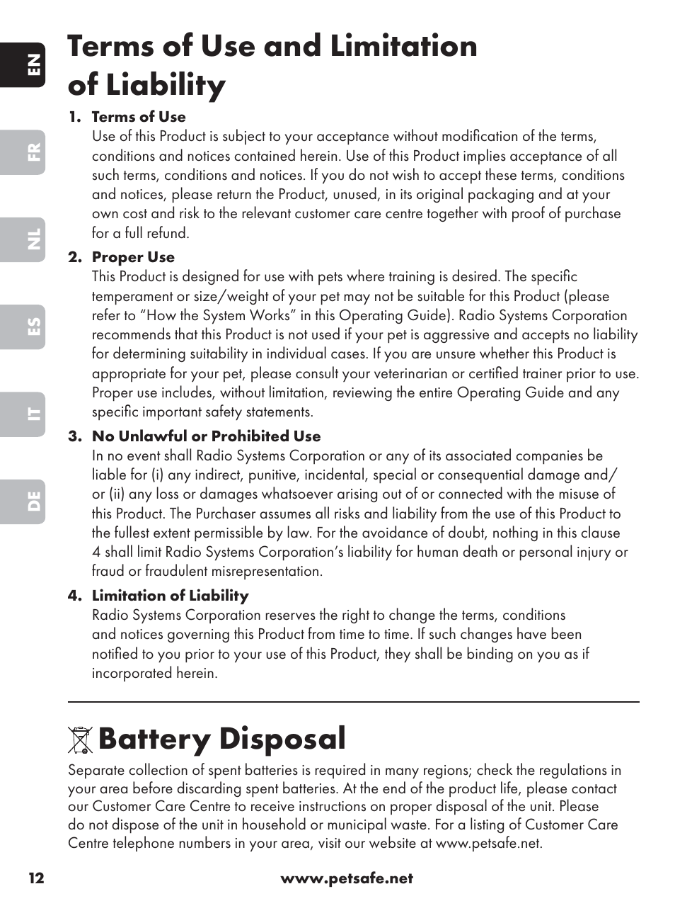 Terms of use and limitation of liability, Battery disposal | Petsafe Anti-Bark Spray Collar User Manual | Page 12 / 84