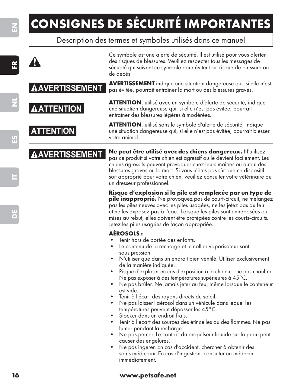 Consignes de sécurité importantes, En fr nl es it de | Petsafe Anti-Bark Spray Collar User Manual | Page 16 / 84