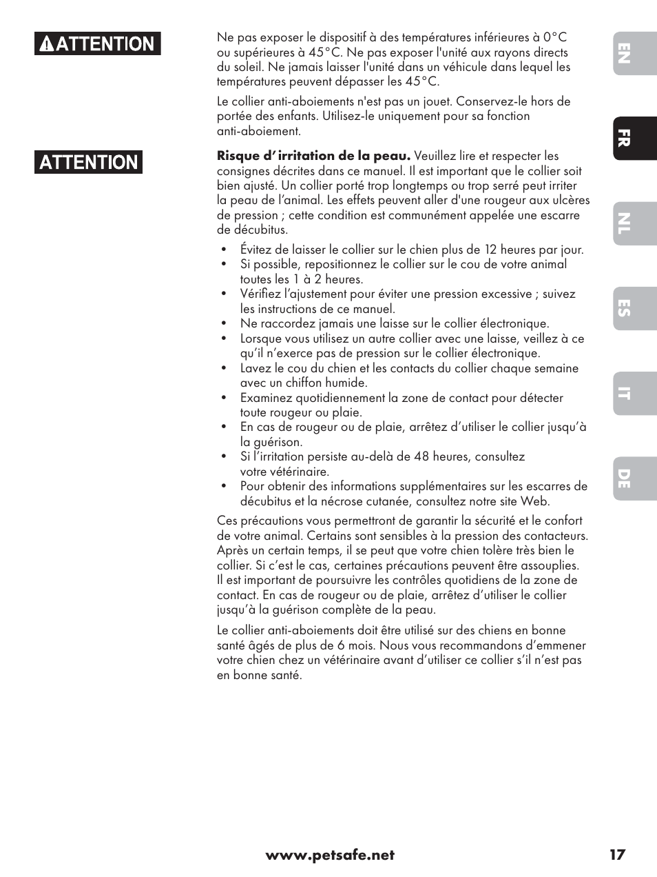 De it es nl fr en | Petsafe Anti-Bark Spray Collar User Manual | Page 17 / 84