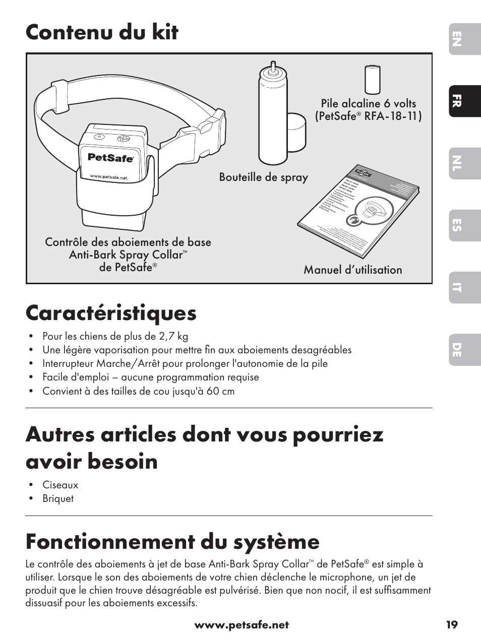 Contenu du kit caractéristiques, Autres articles dont vous pourriez avoir besoin, Fonctionnement du système | Petsafe Anti-Bark Spray Collar User Manual | Page 19 / 84