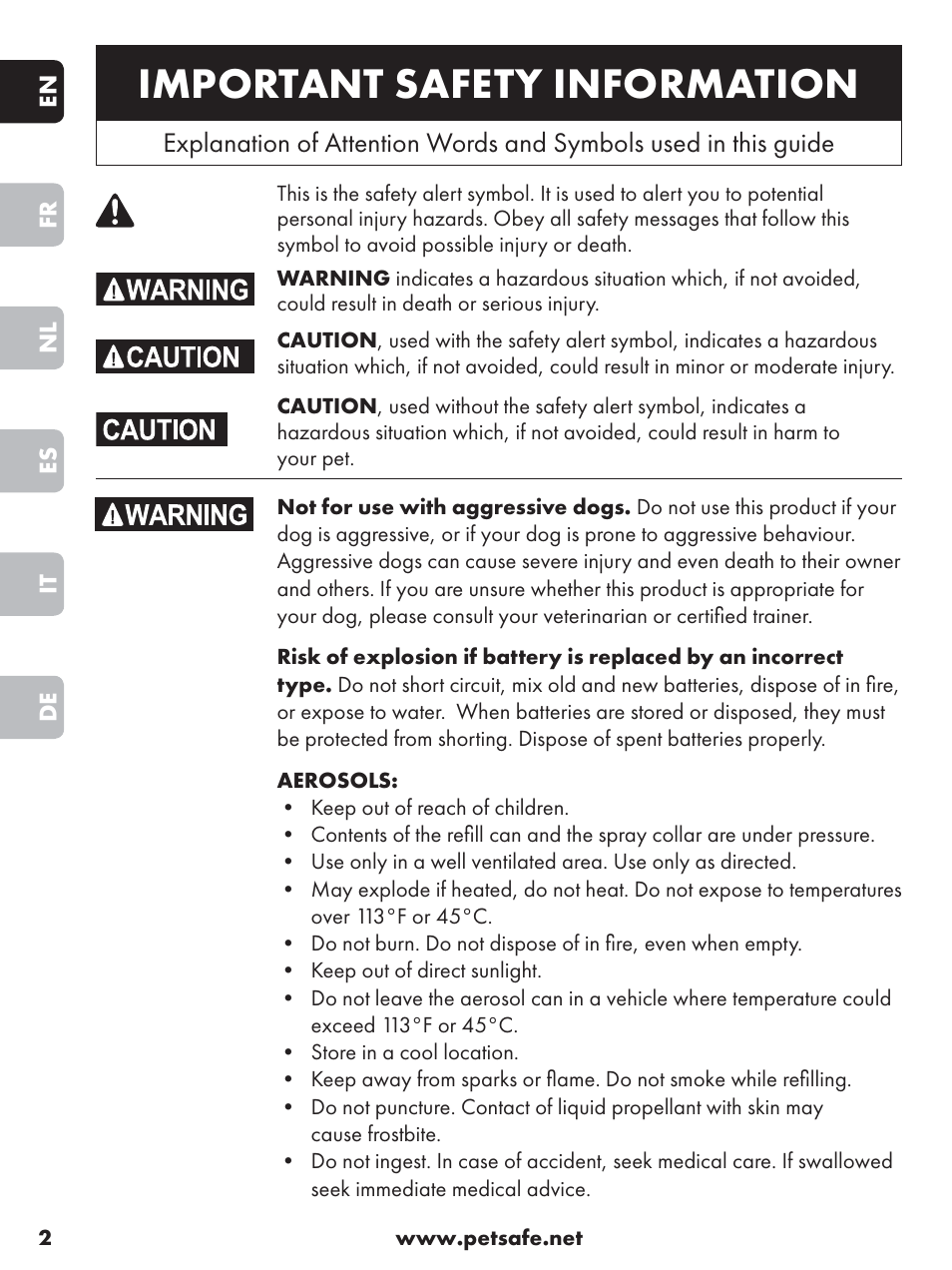 Important safety information | Petsafe Anti-Bark Spray Collar User Manual | Page 2 / 84