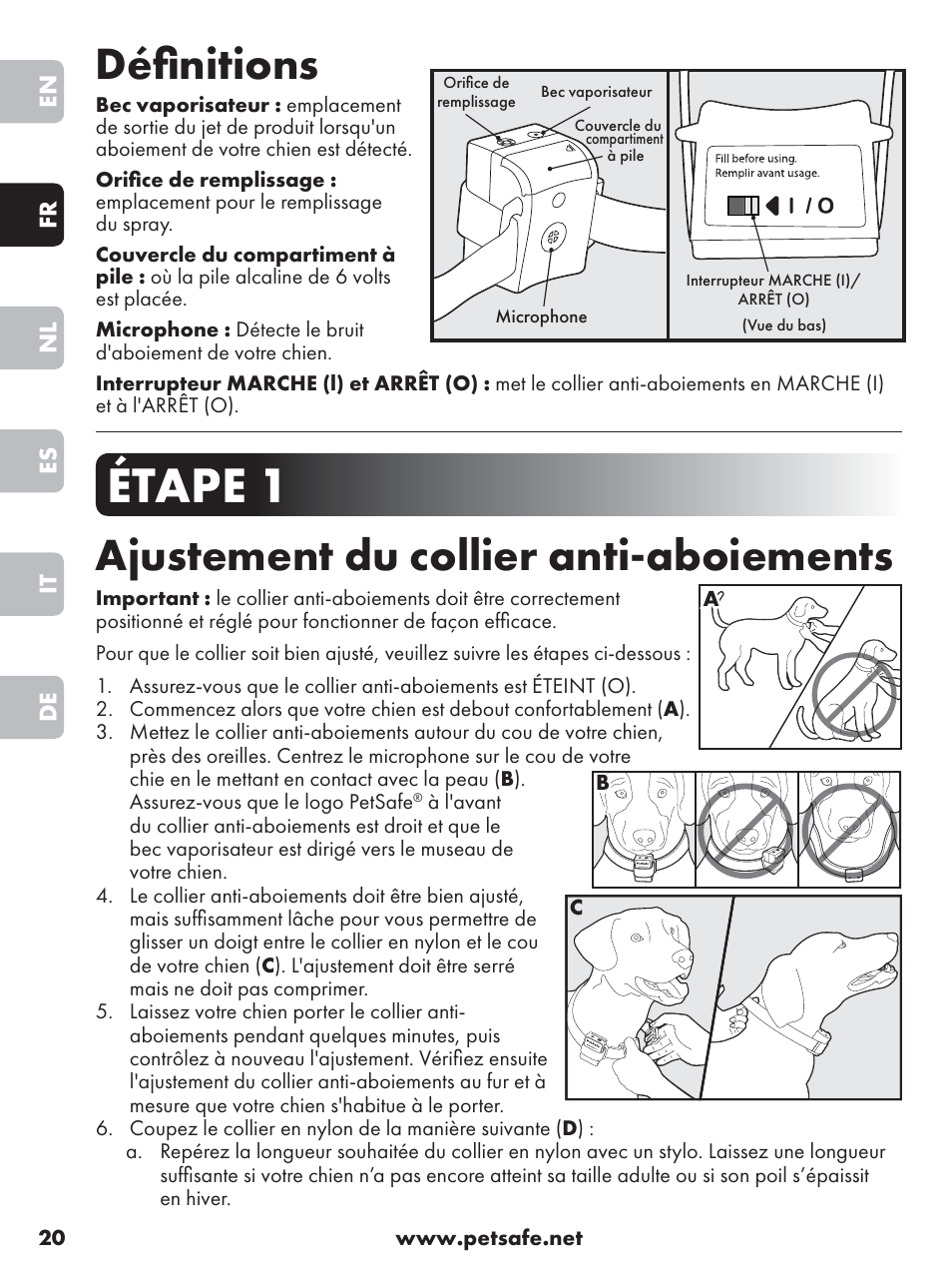 Étape 1, Déﬁ nitions, Ajustement du collier anti-aboiements | Petsafe Anti-Bark Spray Collar User Manual | Page 20 / 84