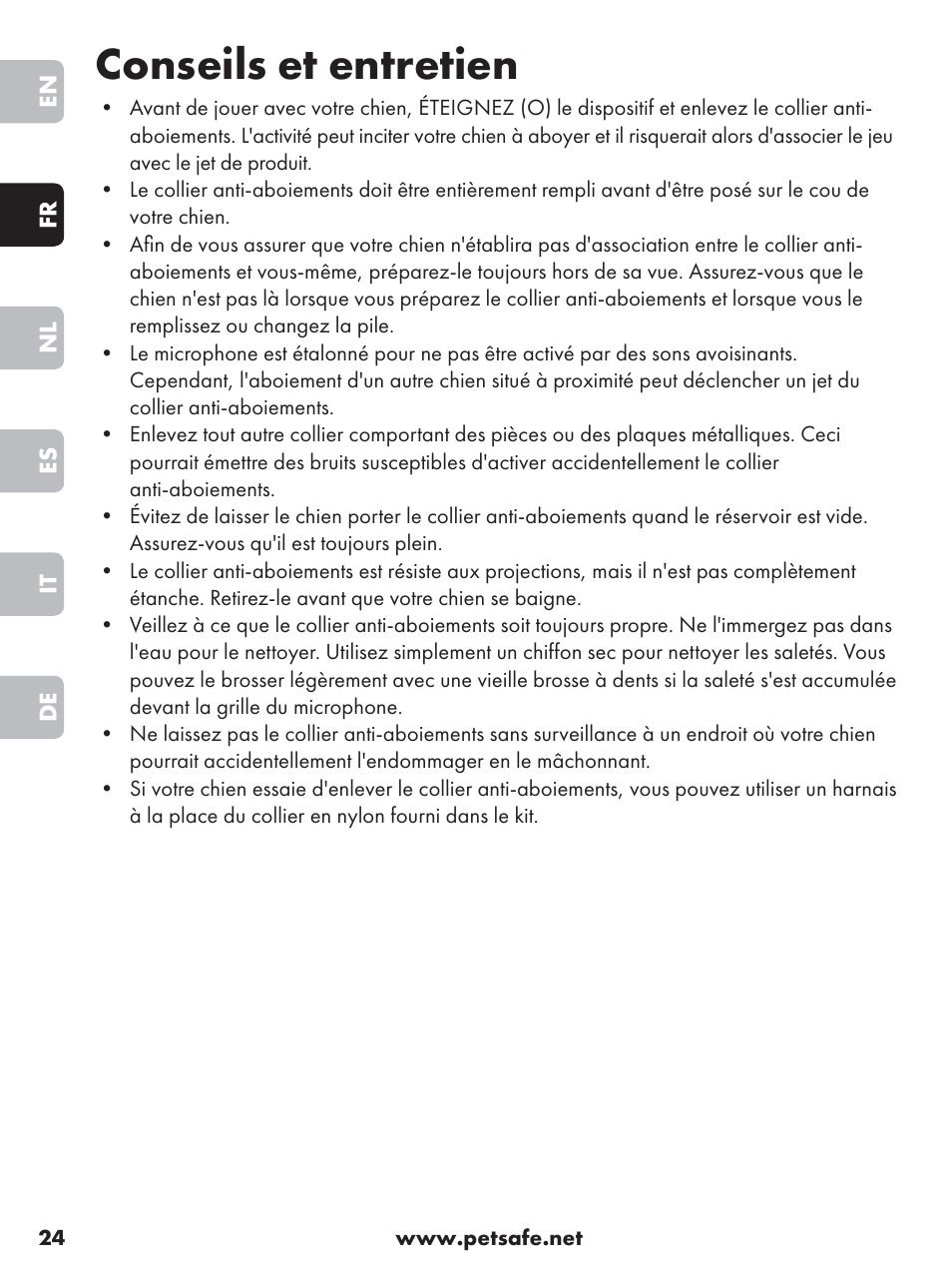 Conseils et entretien | Petsafe Anti-Bark Spray Collar User Manual | Page 24 / 84