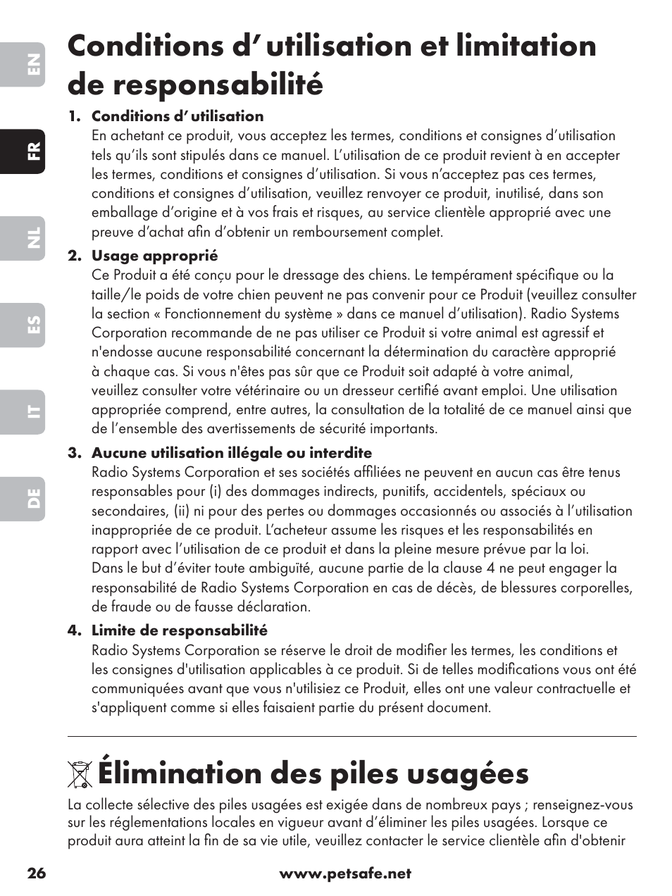 Élimination des piles usagées | Petsafe Anti-Bark Spray Collar User Manual | Page 26 / 84