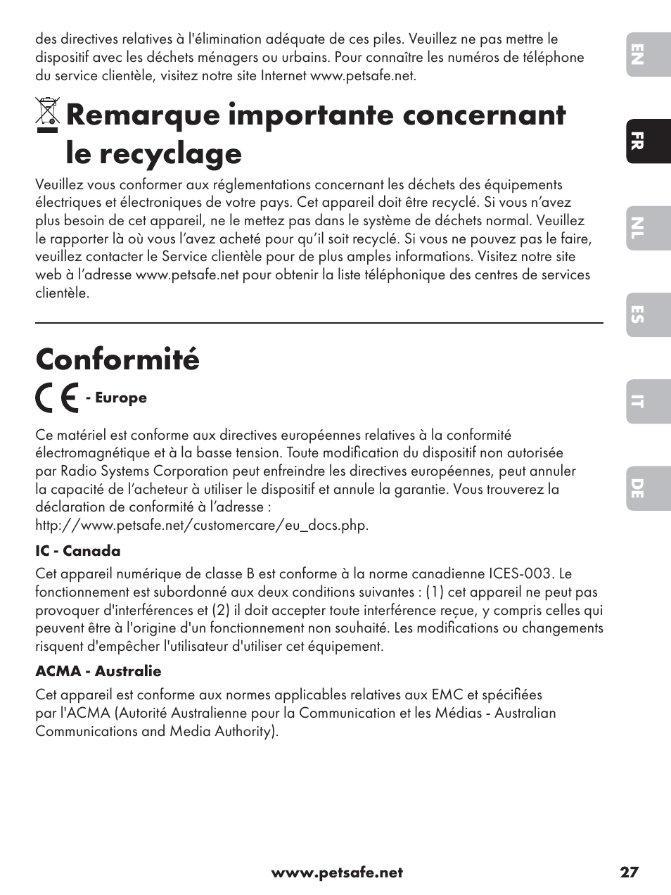 Remarque importante concernant le recyclage, Conformité | Petsafe Anti-Bark Spray Collar User Manual | Page 27 / 84